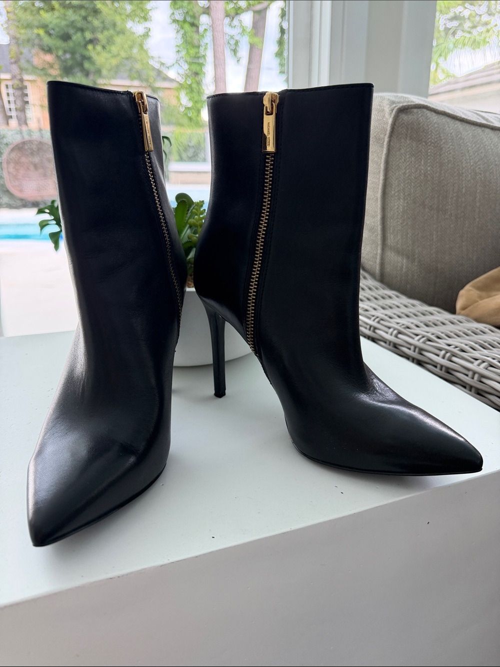 Michael Kors Black Leather Pointed Stiletto Ankle Boots with Gold Zipper
